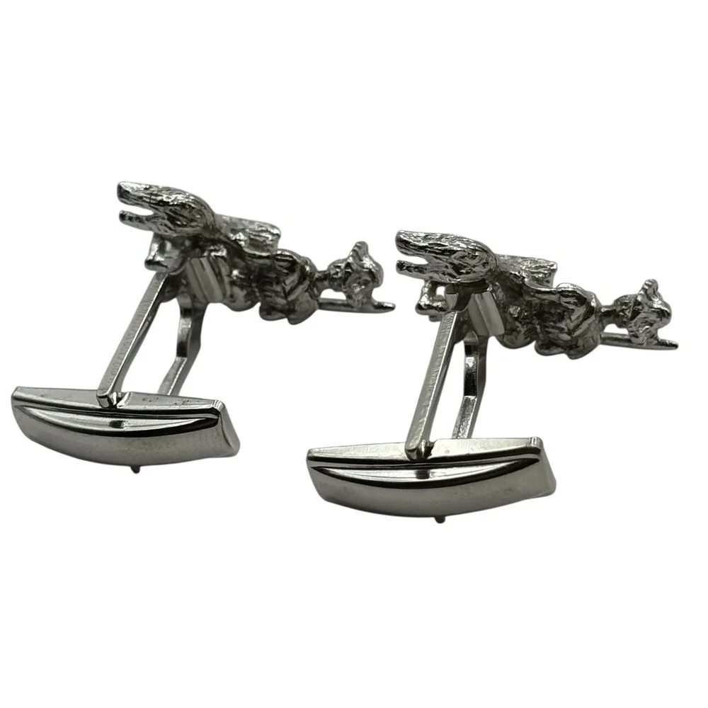 Shepherd Man w/‎ Dog Cufflinks By Sarah Coventry Silver Tone Vintage Whale Back